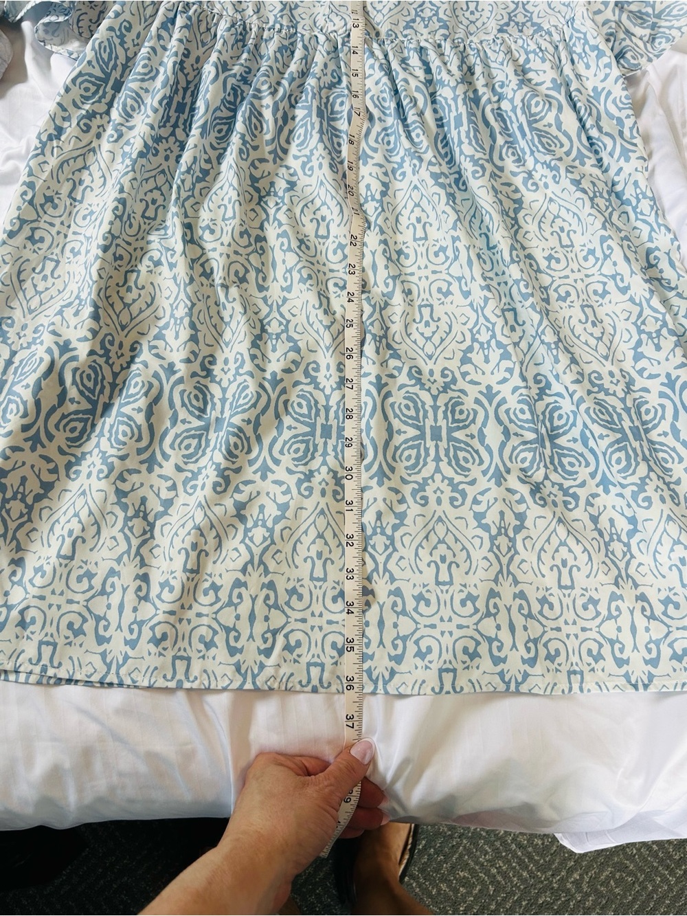 MAKE OFFER - Light Blue and White Printed V-Neck Dress, Ruffle Sleeves, size L - Picture 5 of 5